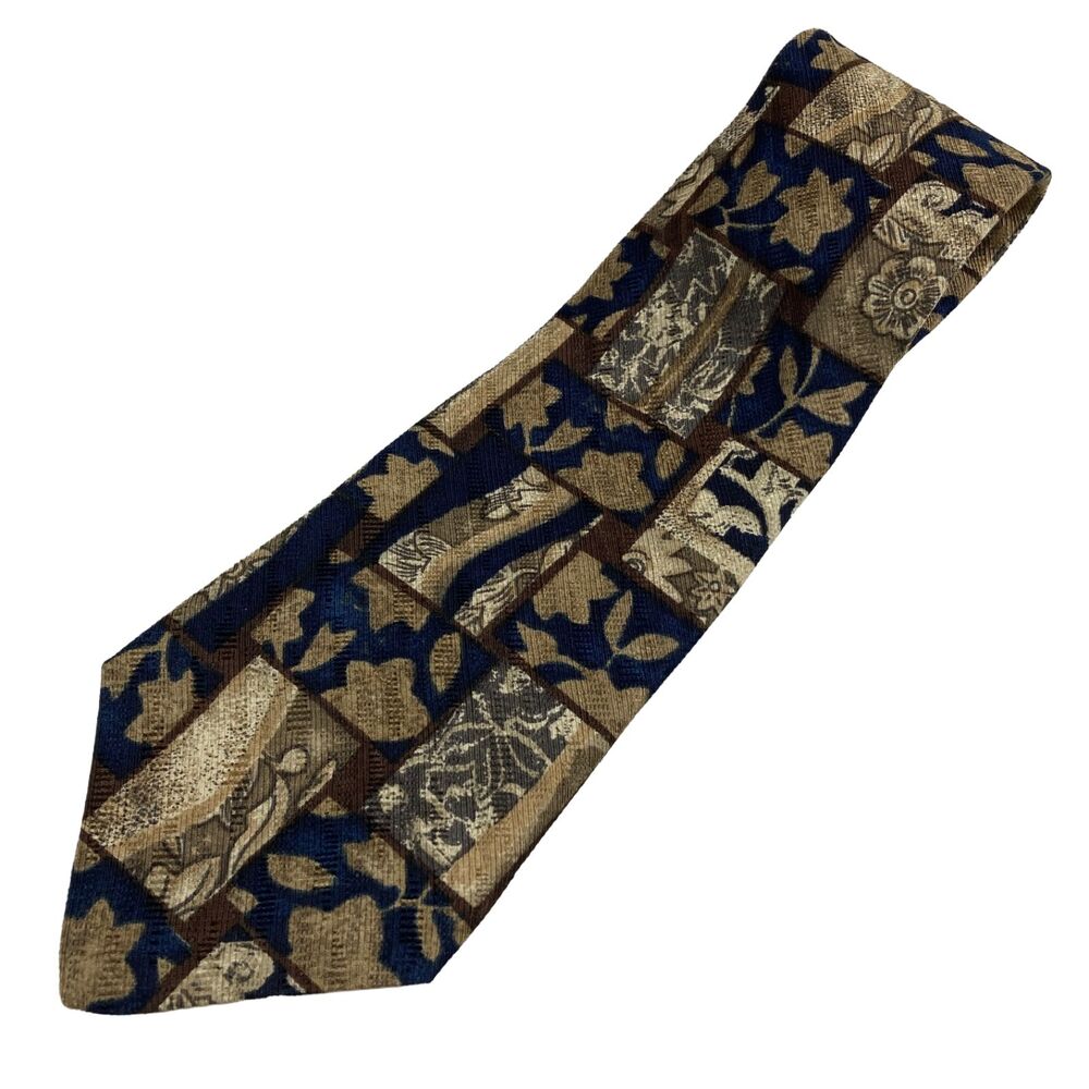 Bugatti 100% Silk Tie Blue Gold Abstract Floral Geometric Wide Vintage Necktie